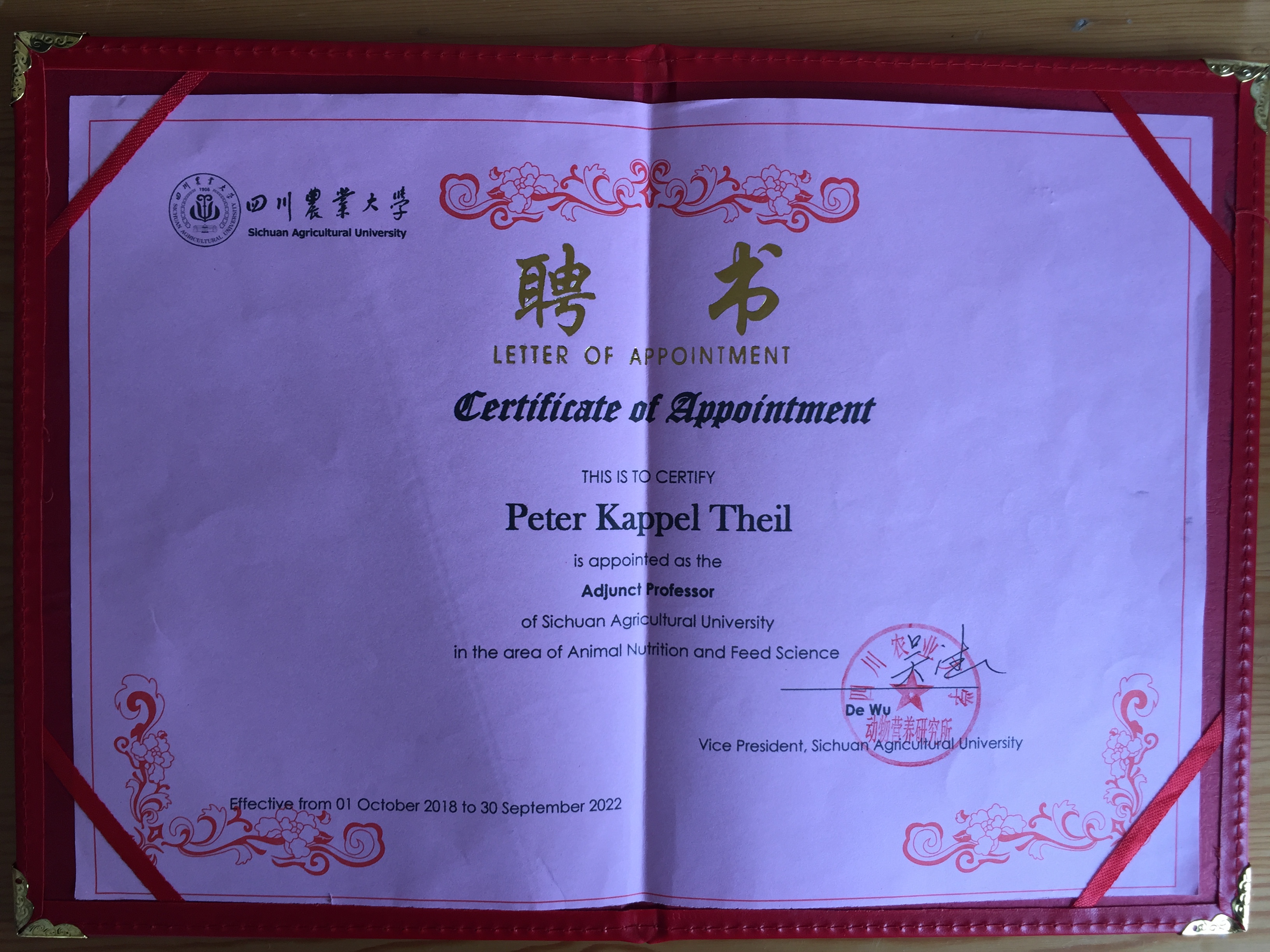 Det officielle certifikat dokumenterer udnævnelsen af Peter Kappel Theil til adjungeret professor ved Sichuan Agricultural University. Foto: Peter Kappel Theil